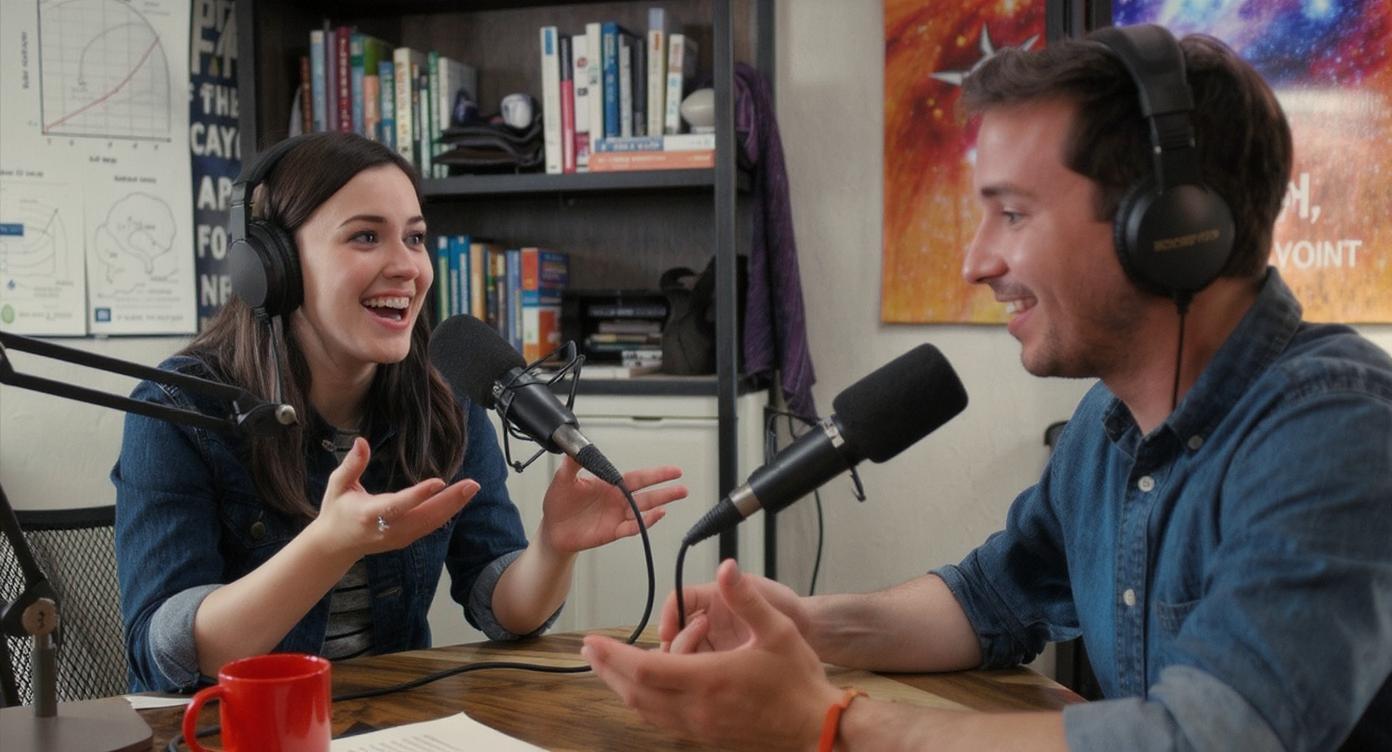 Start frame for Podcast Hosts Discussing Science, by MiniMax Hailuo-02 Pro