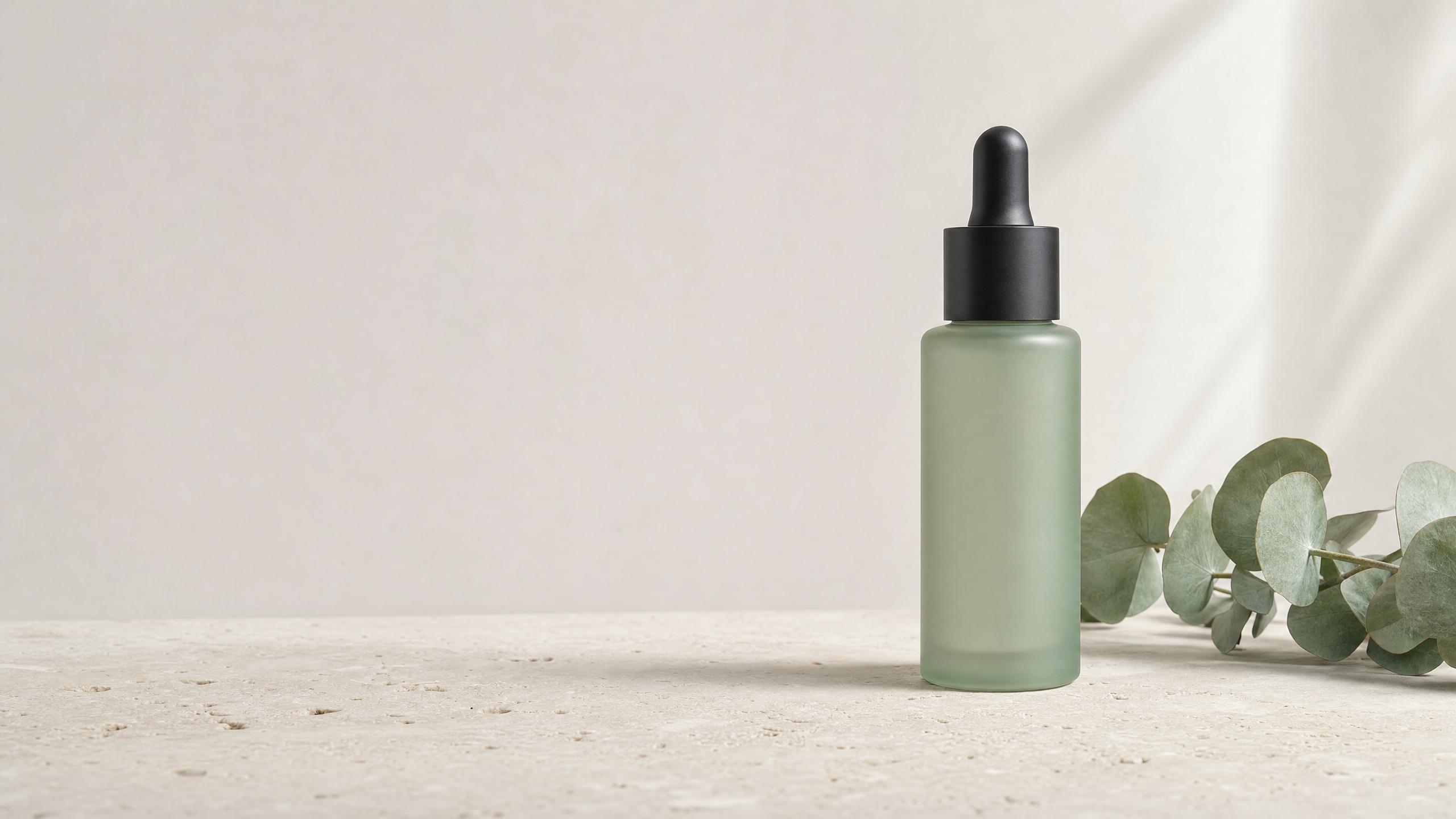 A frosted green dropper bottle on a stone surface beside a eucalyptus sprig