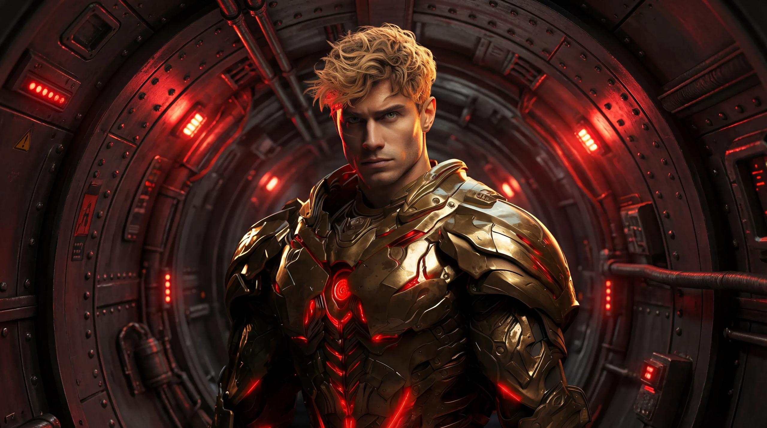 Start frame for Grok Video: Golden Armored Sci-Fi Soldier