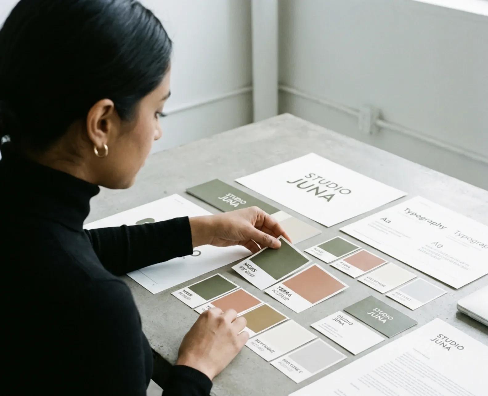 Woman arranging brand cards with earth-tone color swatches and typography sheets on a desk