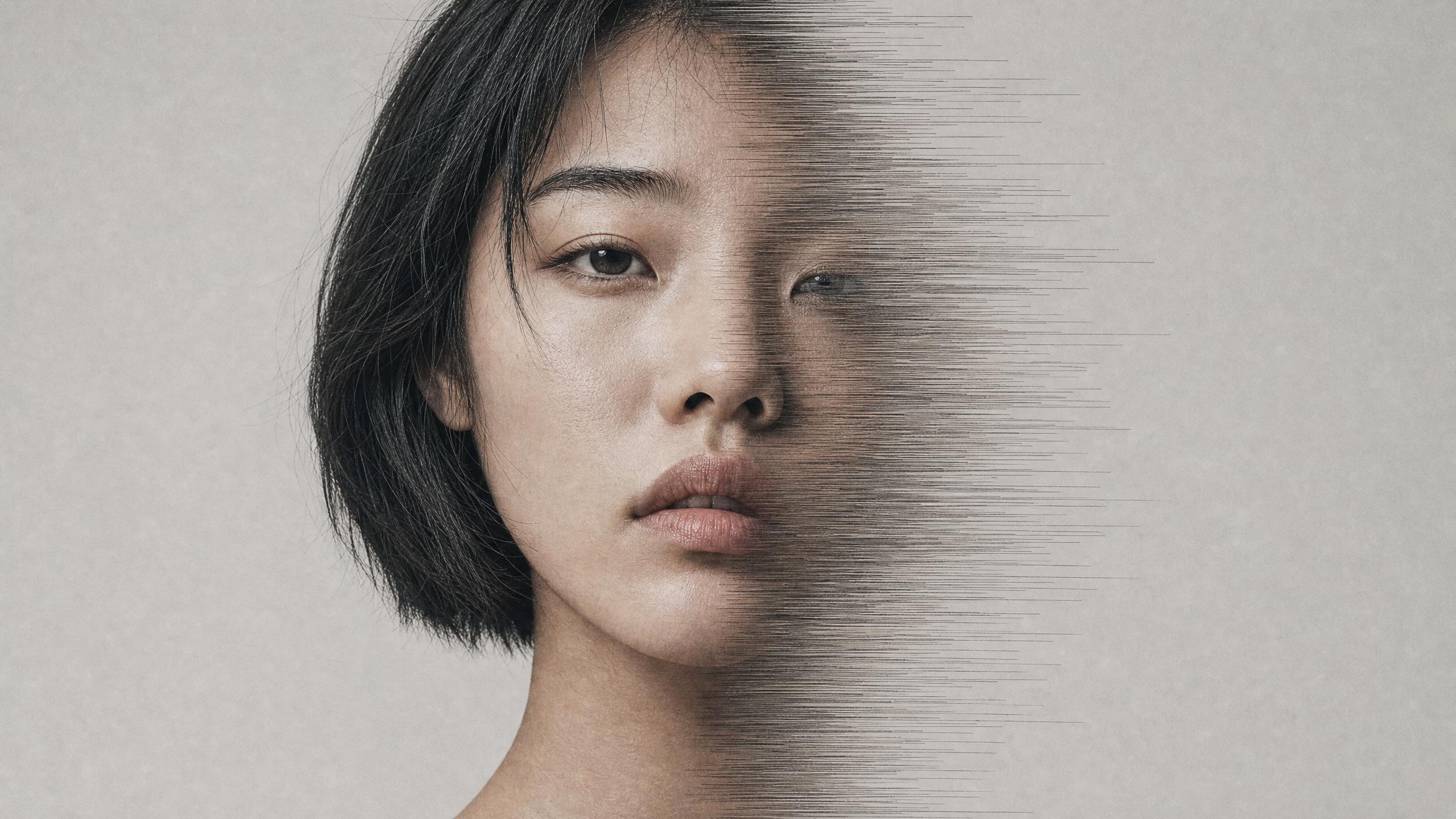 A portrait mid-transformation, half photograph and half streaking brushwork, selected on the Studio canvas