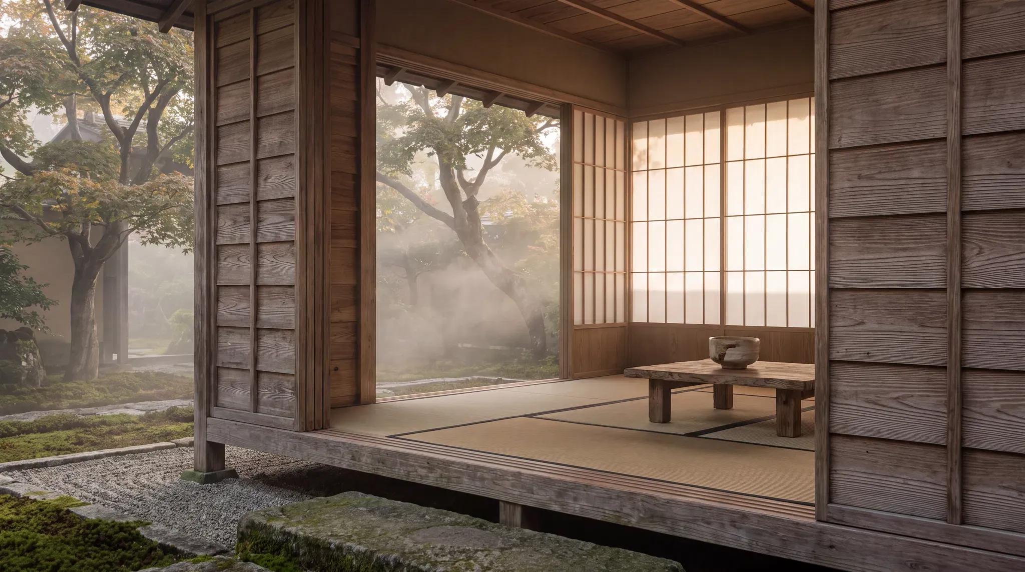 A wooden pavilion overlooks a raked-gravel Zen garden in Kyoto.