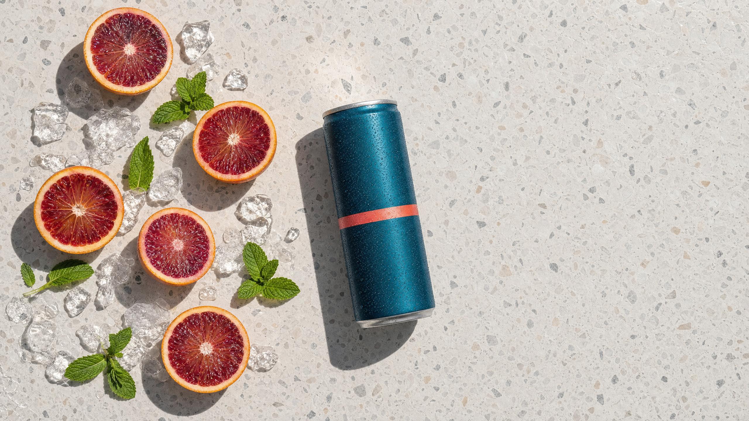 A teal drink can lying on terrazzo next to blood orange halves, mint leaves, and ice cubes