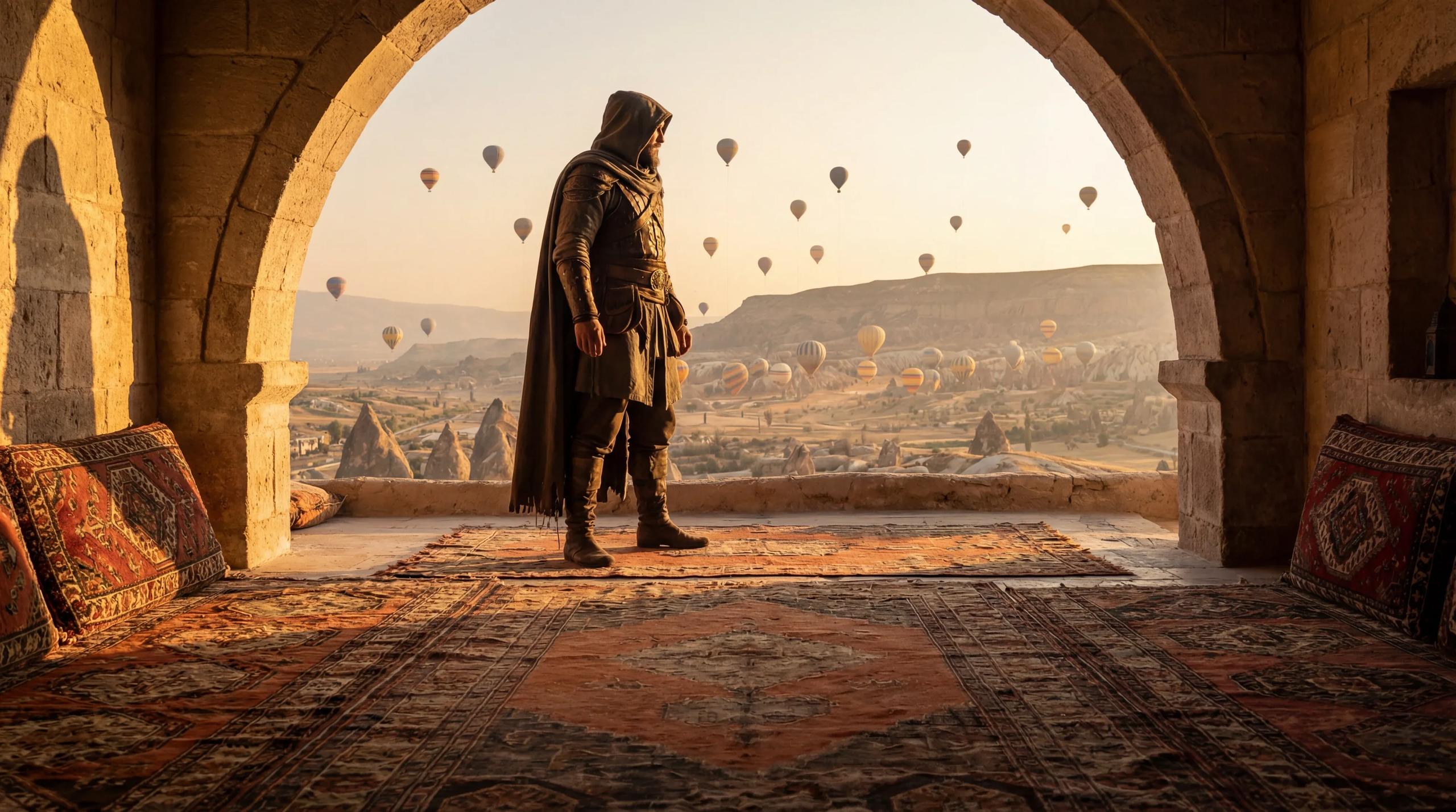 Start frame for Hooded Warrior Overlooking Balloon Valley — Kling 2.1 Master