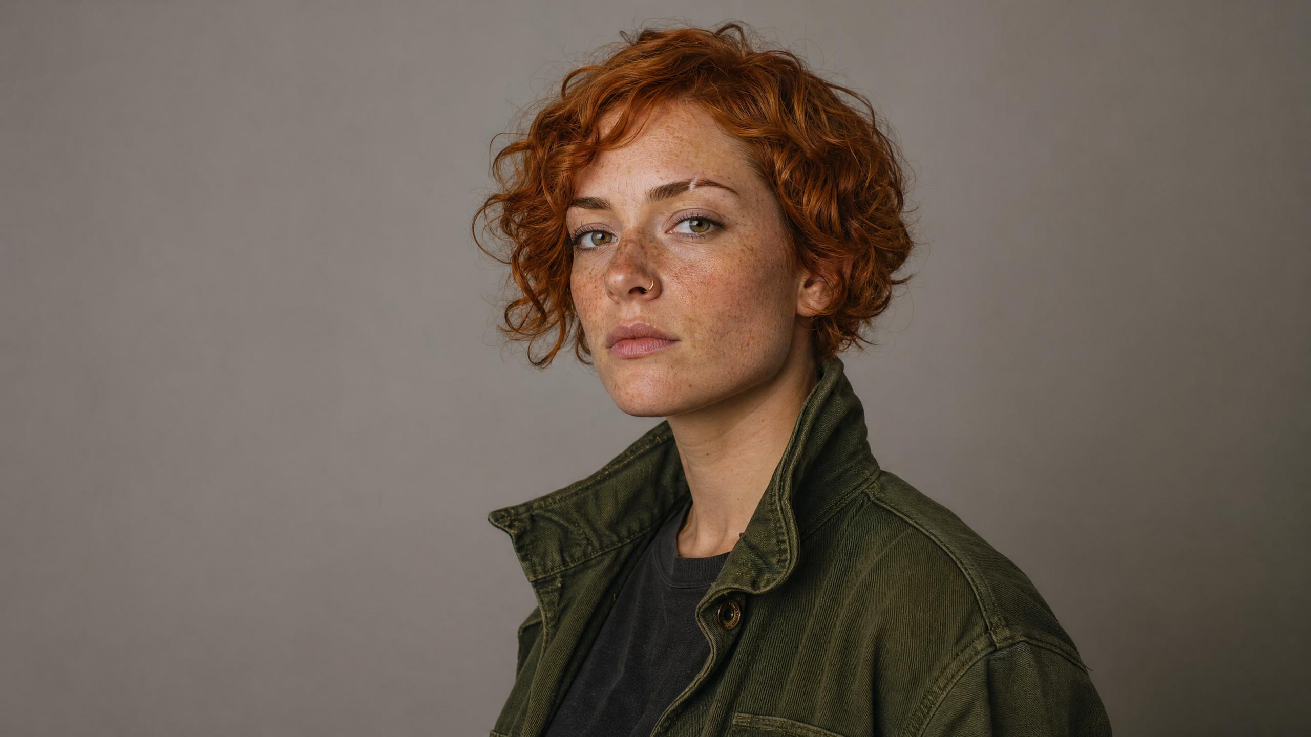 Widescreen portrait of a freckled woman with curly red hair in an olive jacket against a gray wall