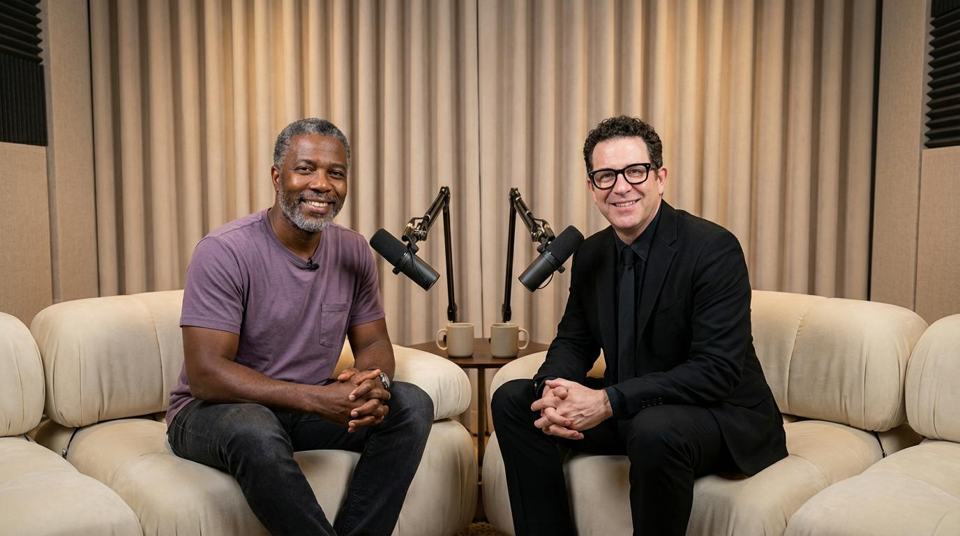 Start frame for Two Men on a Podcast Set — Veo 3.1 Fast
