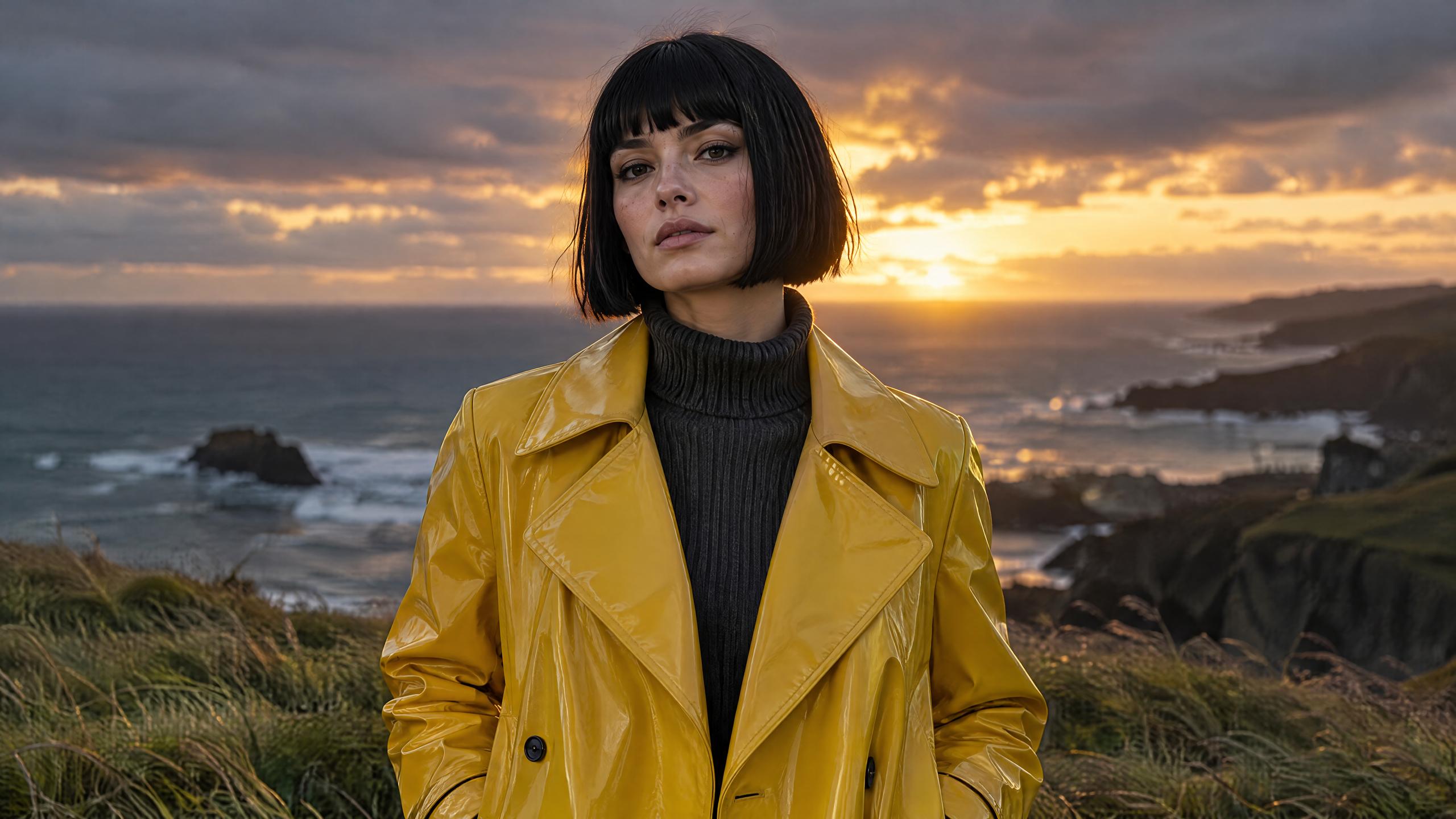 A woman with a jet-black bob in a glossy chrome-yellow vinyl trench coat over a grey ribbed turtleneck stands on a windswept coastal headland at dusk, the ocean and golden sunset clouds softly blurred behind her.