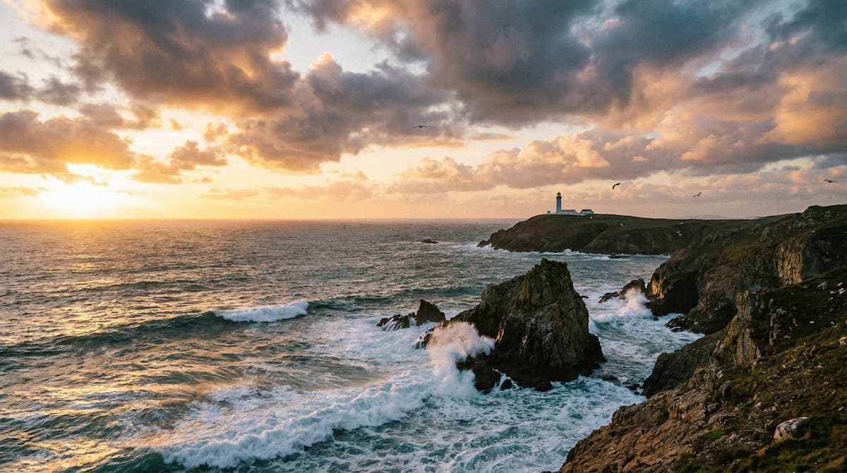 Waves crash against rocky coastal cliffs at sunset, with a white lighthouse on a distant headland and birds overhead