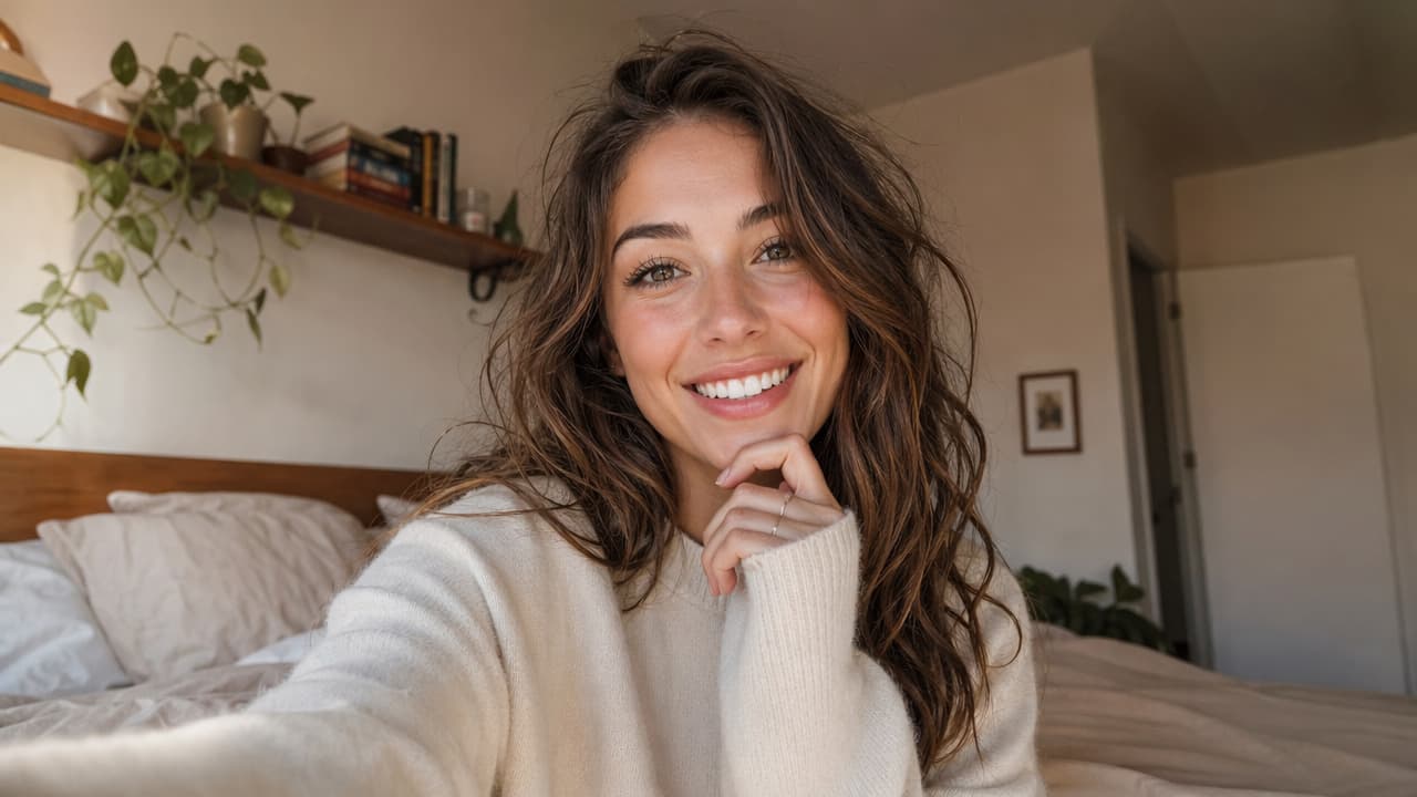 Start frame for Grok Video: Woman Vlogging in Her Bedroom