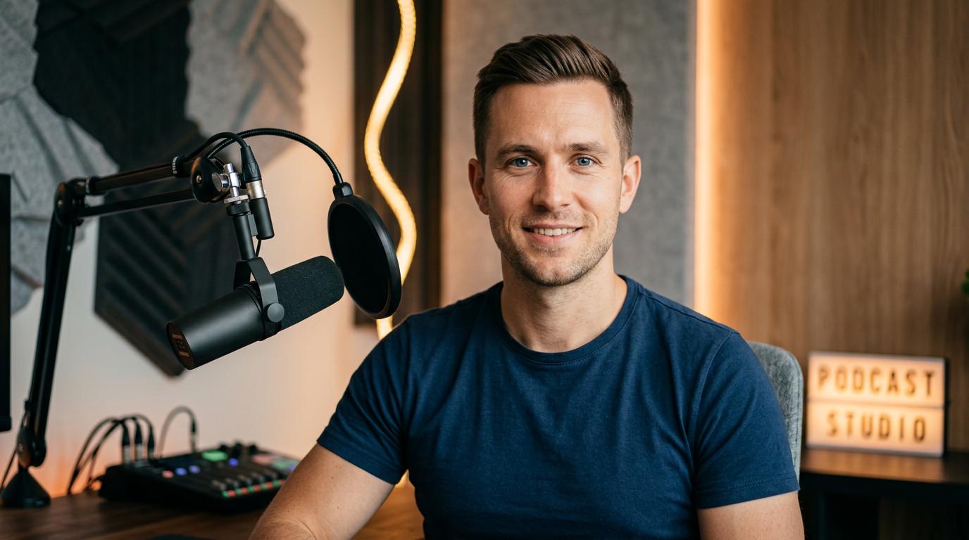 Start frame for Man Speaking in Podcast Studio — Happy Horse