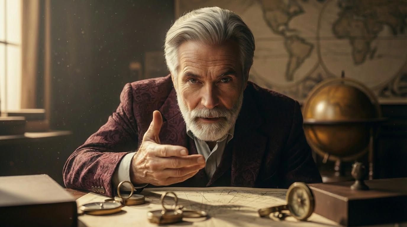 Start frame for Scholar Examining Map — Kling 2.5 Turbo