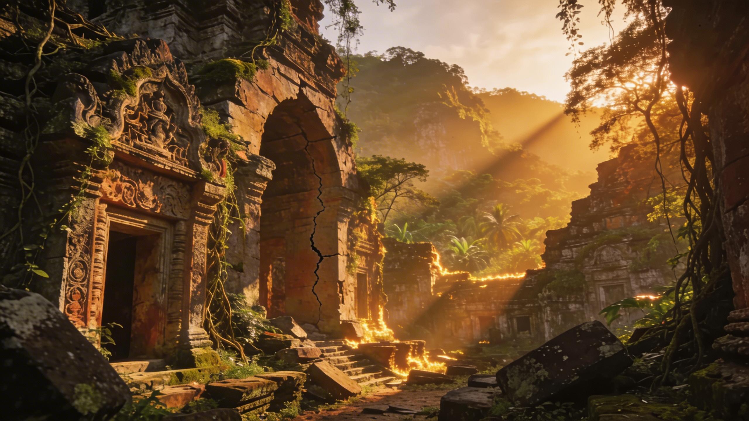 A wide shot of ancient, crumbling stone temple ruins overgrown with moss and vines in a dense jungle. Sunbeams stream through the trees, illuminating the weathered archways and ornate carvings. This landscape image was generated by Seedream 5.0 Lite at 2560x1440 resolution.