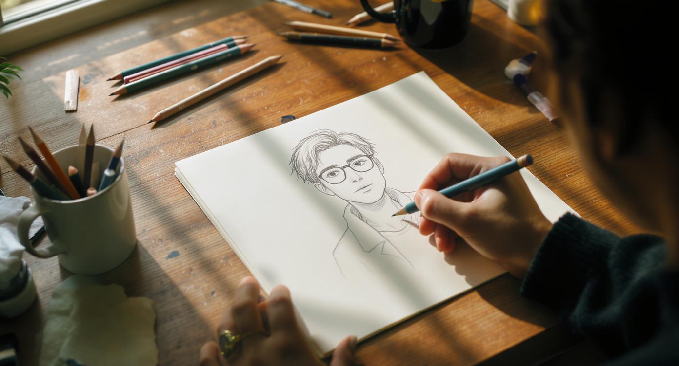 An over-the-shoulder shot of an artist's hand sketching a pencil portrait of a man with glasses on cream paper. The wooden desk is cluttered with pencils and a ceramic mug under warm morning sunlight. Generated using Flux Kontext Max at 1392x752 resolution.