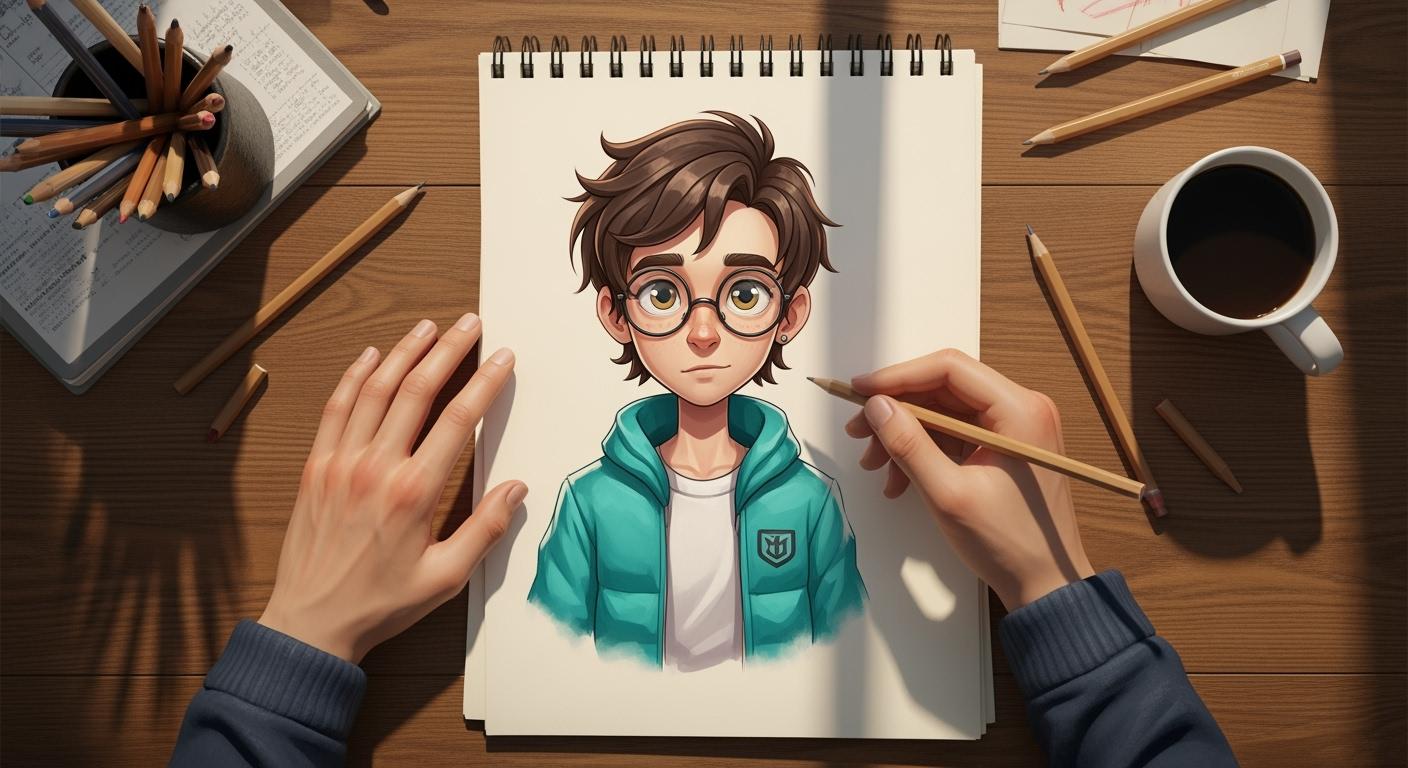An overhead shot of a wooden desk where hands sketch a stylized cartoon boy with glasses in a spiral notebook. Scattered pencils and a cup of black coffee sit nearby, generated by Imagen4 at 1408x768 resolution.