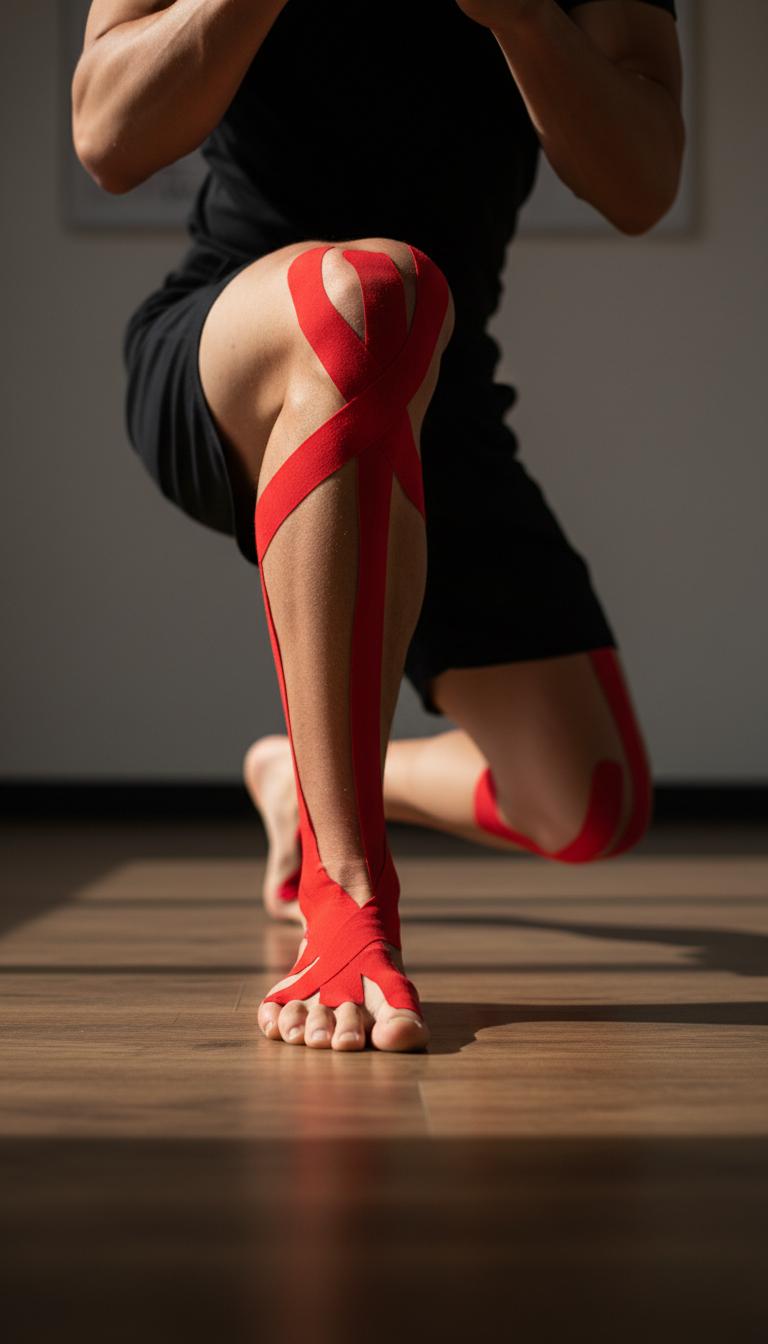 A vertical close-up shot of an athlete's legs in a lunge stance on a wooden floor. Bright red kinesiology tape is wrapped around the knee, shin, and foot. Generated with the Nano Banana model at 768x1344 resolution, the image features warm, natural sunlight casting soft shadows.