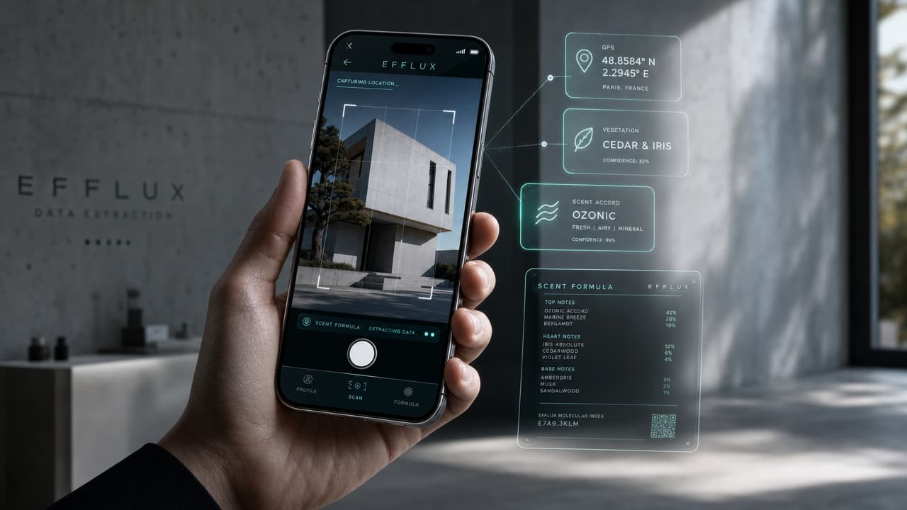 A hand holding a smartphone showing an app called Efflux scanning a concrete building. Glowing holographic user interface boxes float in the air to the right of the phone, displaying location coordinates, scent formulas, and chemical notes. Generated using GPT Image 2 High at 1280x720 resolution.