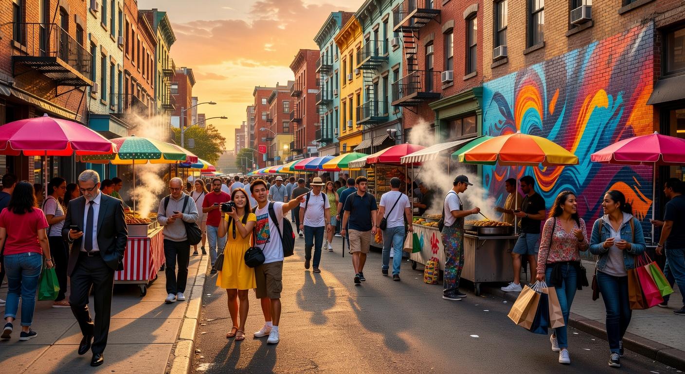 A high-resolution 1408x768 text-to-image generation from Grok Imagine showing a crowded city street market during golden hour. Multicolored townhouses line the street, while pedestrians walk past food stalls with bright umbrellas and steam rising from food carts. A vibrant graffiti mural decorates a brick wall on the right.