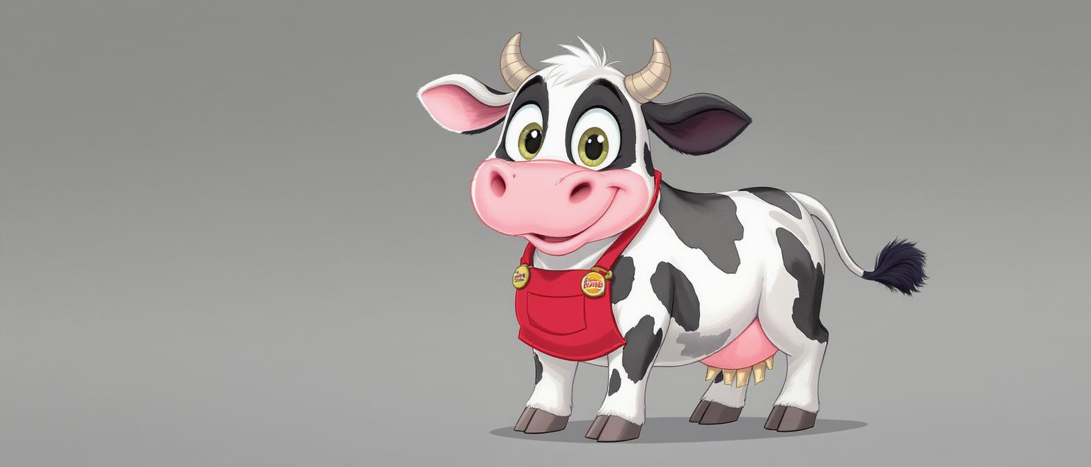 A 21:9 digital illustration of a cheerful, cartoon-style black and white cow wearing a red apron, generated using the Flux Kontext Pro model at 1568x672 resolution. The cow has large green eyes, a pink nose, small horns, and a friendly smile, standing against a solid gray background.