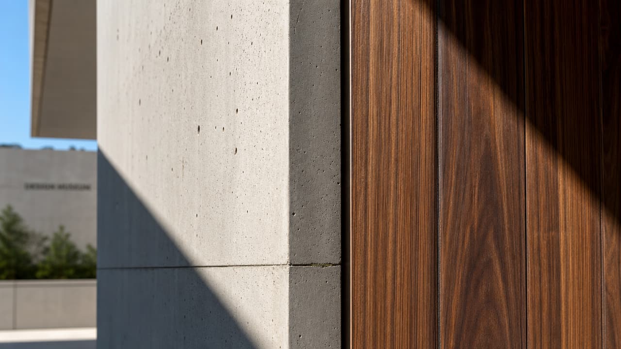 A close-up image showing a modern architectural corner where a smooth, light grey concrete wall meets dark brown vertical wood panels. A sharp shadow bisects the concrete wall diagonally under a bright blue sky. Generated using GPT Image 2 Medium at 1280x720 resolution.