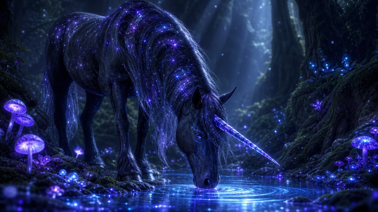 A digital illustration of a dark, star-speckled unicorn drinking from a glowing pool in a mystical forest at night. The unicorn has a glowing purple horn and mane. Glowing blue and purple mushrooms line the forest floor. Generated using GPT Image 2 Medium at 1280x720 resolution.