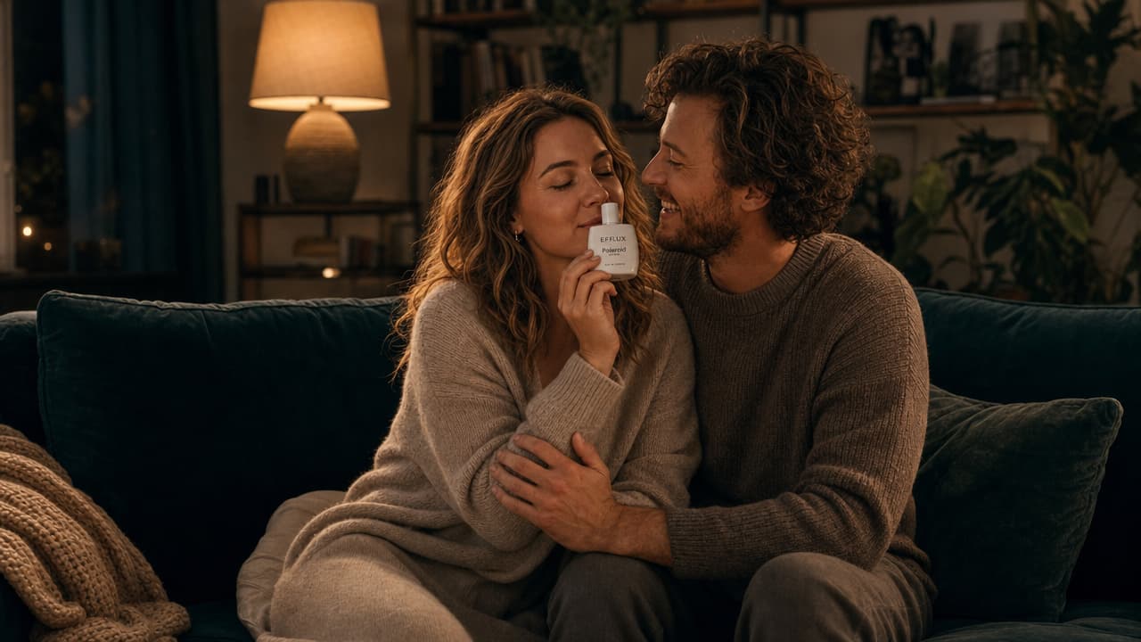 A medium shot of a young couple sitting on a dark teal velvet couch in a warmly lit room. The woman holds a small white bottle near her face while the man smiles beside her. This 1280x720 image-to-image generation was created using the GPT Image 2 High model.