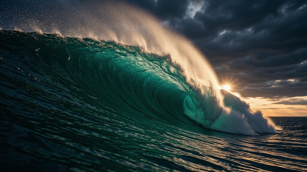 A powerful, translucent turquoise ocean wave crests and begins to break under a dramatic, cloudy sky at sunset. The sun shines through the mist and spray of the wave, creating a golden glow. Generated by Flux.2 [klein] 9B at 1024x576 resolution.