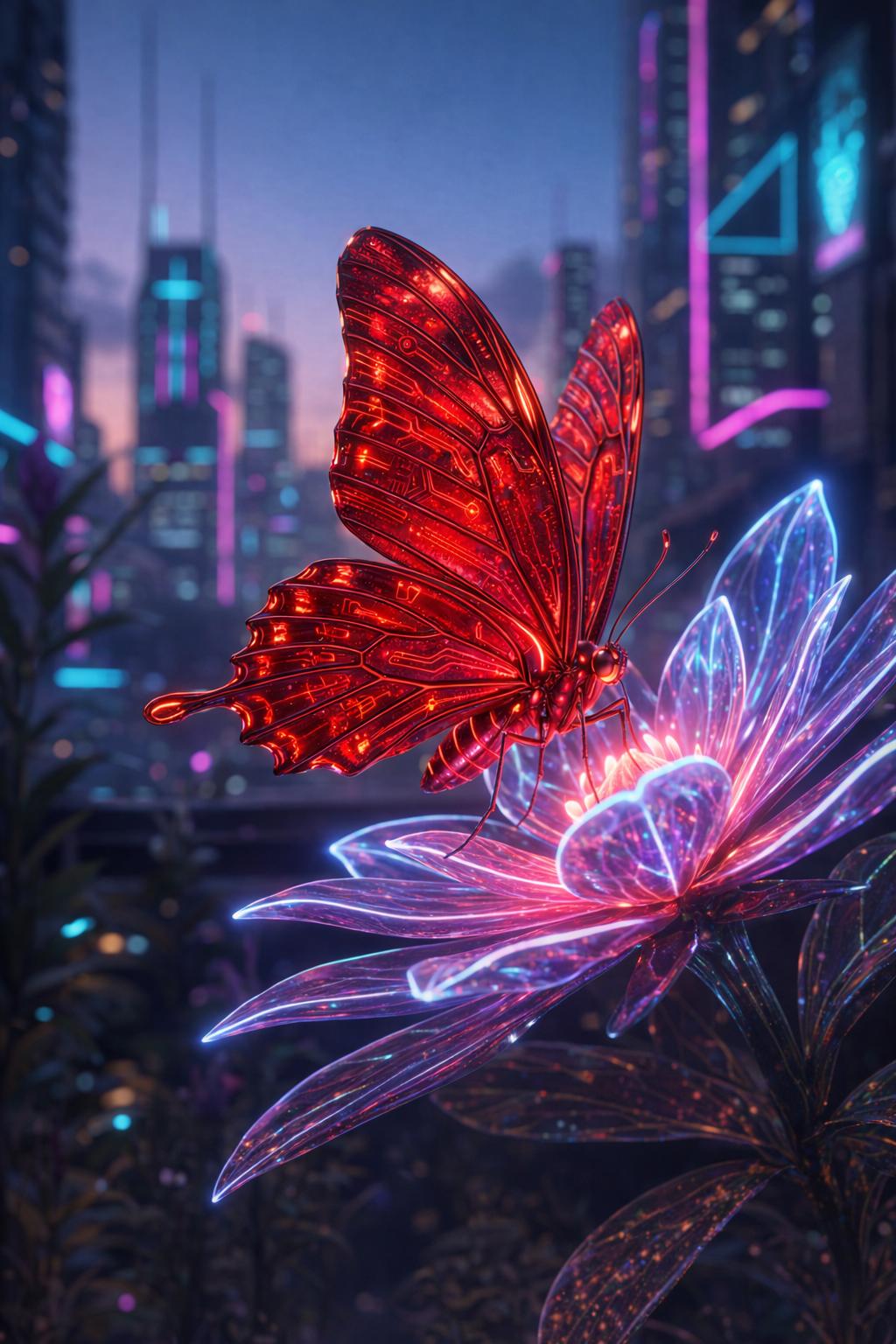 A close-up shot of a metallic crimson butterfly resting on a glowing, translucent violet flower. The background features a blurred futuristic city skyline with neon pink and blue lights at dusk. Generated with GPT Image 1.5 at 1024x1536 resolution using an image-to-image workflow.