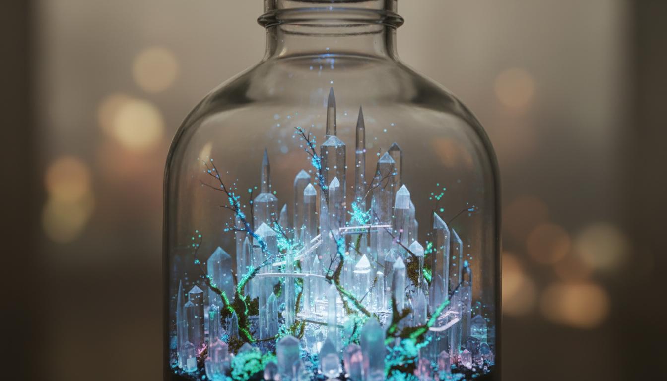 A close-up shot of a miniature city made of glowing, translucent crystals inside a clear glass bottle. Bioluminescent blue and green light emanates from the structures and moss at the base. Generated by the Nano Banana model at 1344x768 resolution against a warm, out-of-focus background.