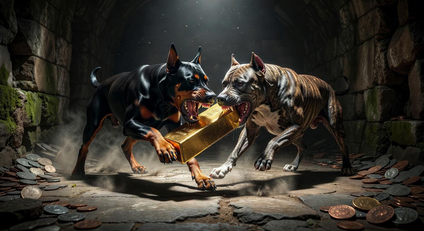 A Doberman and a Pitbull snarling and biting a gold bar in a dark stone vault. Gold and silver coins are scattered on the stone floor around them. This 16:9 ratio image was generated at 1408x768 resolution using the Grok Imagine text-to-image model.