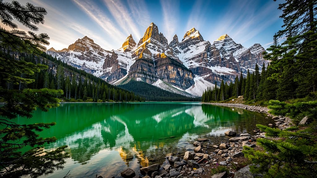 A wide-angle landscape image of sharp, snow-capped mountain peaks reflecting in a vibrant emerald green alpine lake. Pine trees frame the foreground, and rocks line the shore. Generated using the Flux.2 [max] model at a 1024x576 resolution, the scene features dramatic, radiating clouds in a bright blue sky.