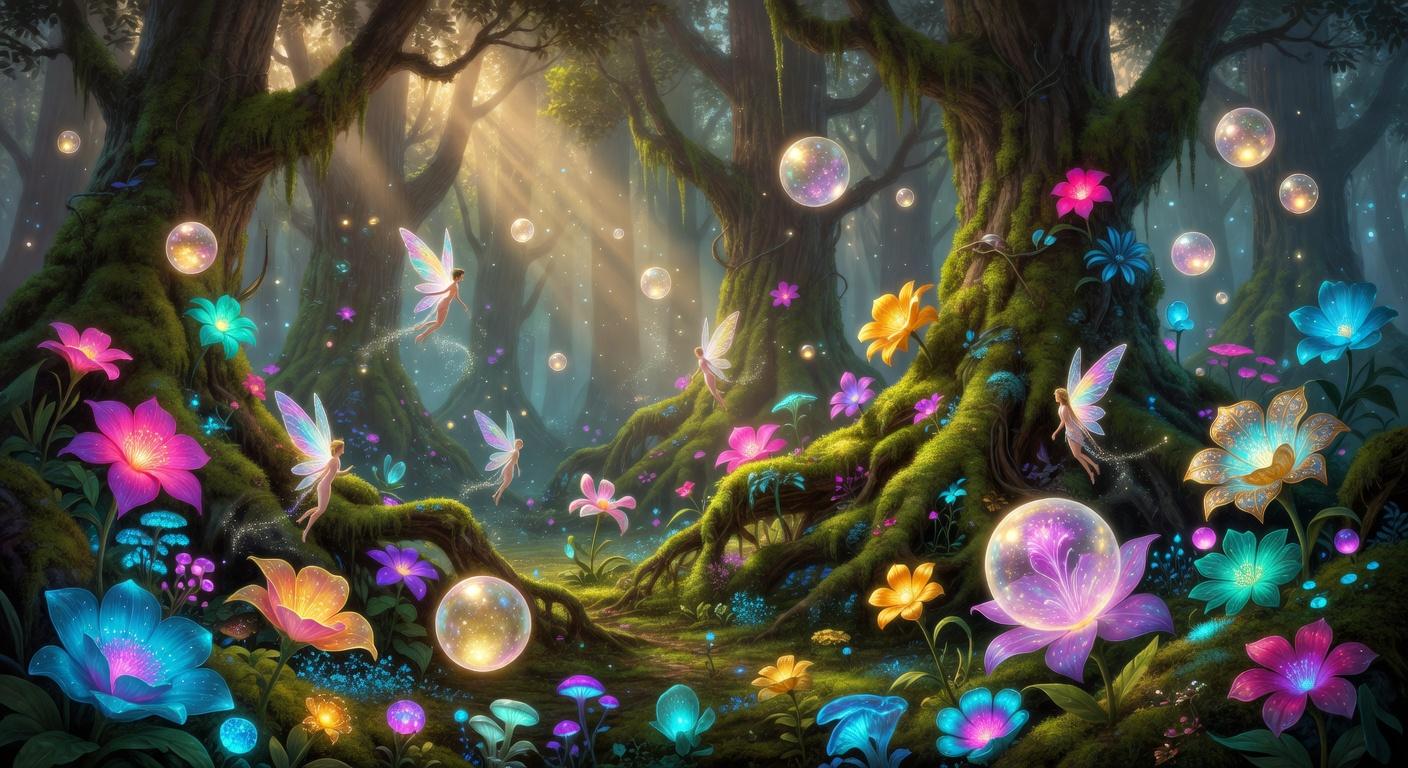 A wide-angle digital illustration of an ancient, mossy forest filled with glowing exotic flowers in pink, blue, and yellow. Small, winged fairies with iridescent wings flutter among the trees, surrounded by floating, iridescent bubbles and soft rays of sunlight filtering through the canopy, generated by Grok Imagine at 1408x768 resolution.