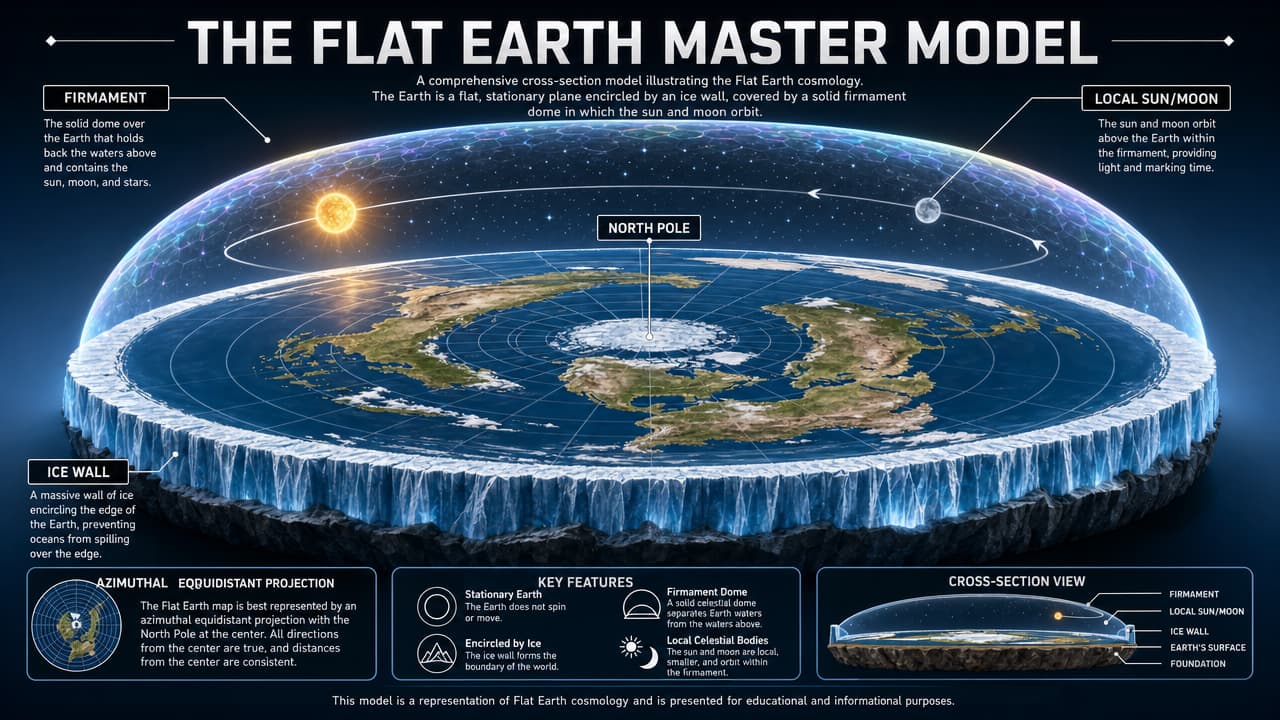 An educational infographic titled The Flat Earth Master Model, generated by GPT Image 2 High at 1280x720 resolution. It features a three-dimensional cross-section of a flat circular Earth enclosed by a transparent glass dome, with a prominent ice wall along the rim and annotated text boxes explaining the cosmology.