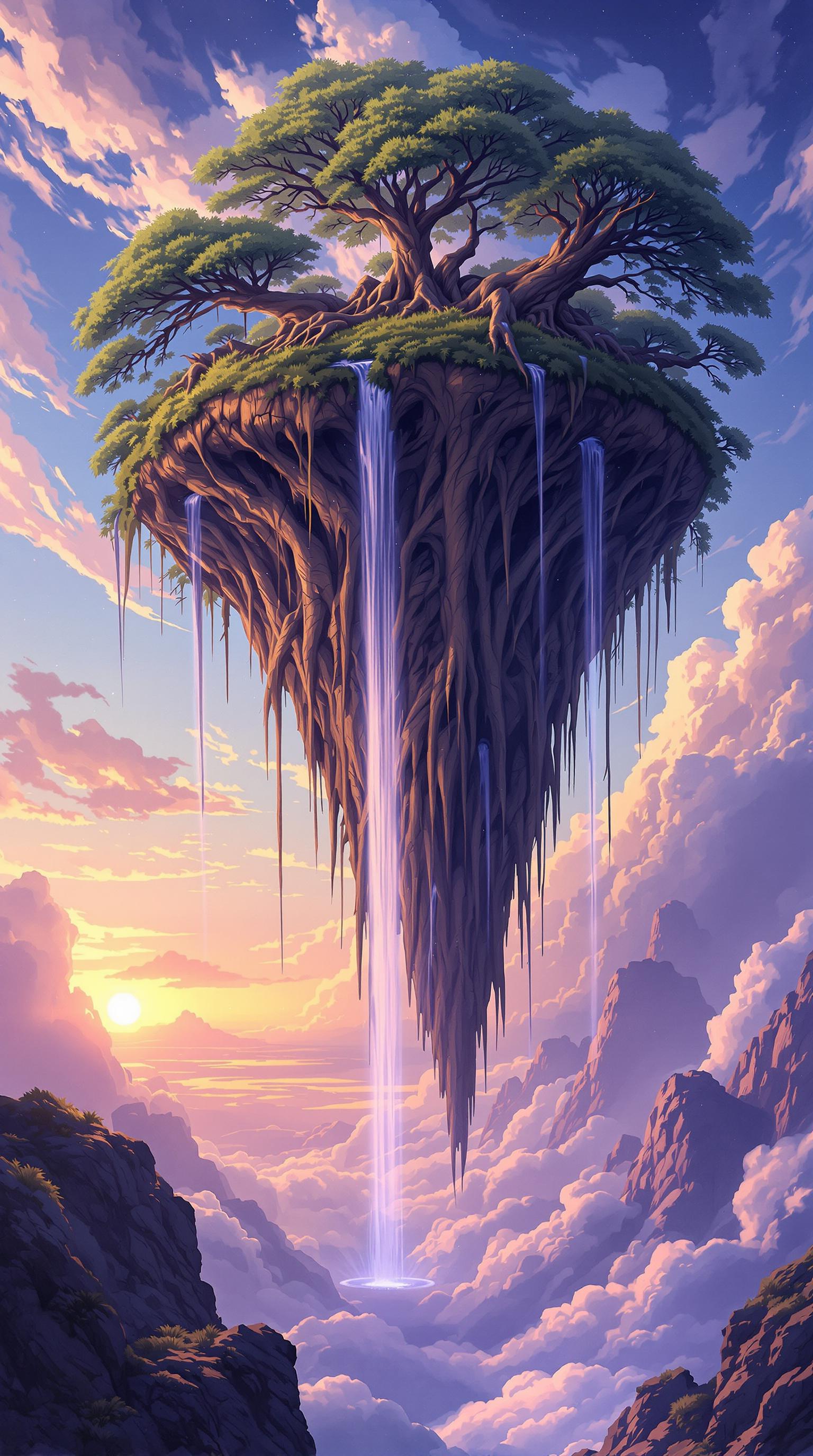 A vertical digital illustration of a floating island suspended in a sky filled with soft clouds at sunset, generated by Flux 1.1 Ultra at 1536x2752 resolution. Lush green trees sit atop the island, while long roots taper to a point below, with multiple waterfalls cascading down into the valley.