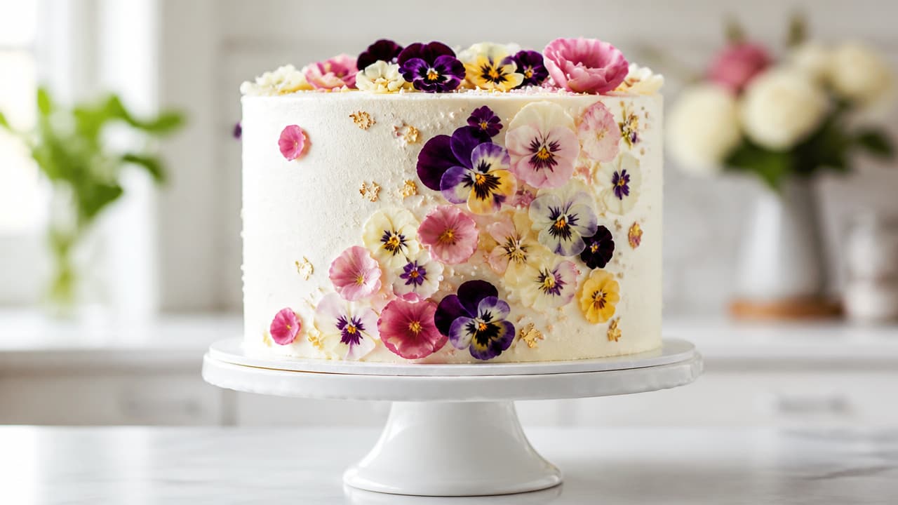 A white buttercream cake decorated with vibrant purple, yellow, and pink edible flowers sits on a white ceramic stand. The image is a text-to-image generation using the GPT Image 2 Low model at 1280x720 resolution, showcasing a bright, softly blurred kitchen background.