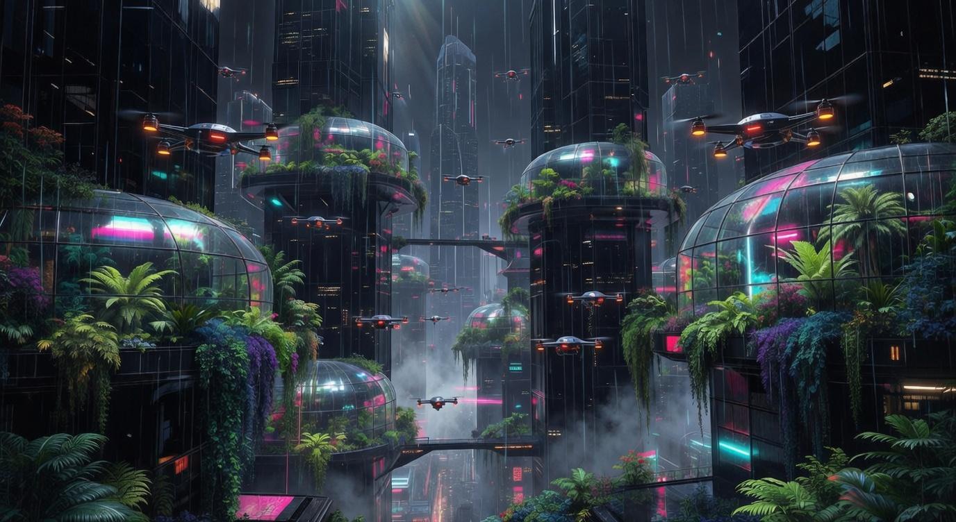 An image-to-image generation at 1376x752 resolution using Grok Imagine. It depicts a dark futuristic cityscape filled with towering skyscrapers and glass dome arboretums overflowing with lush tropical plants. Drones fly through the misty air between buildings illuminated by neon pink and teal lights.