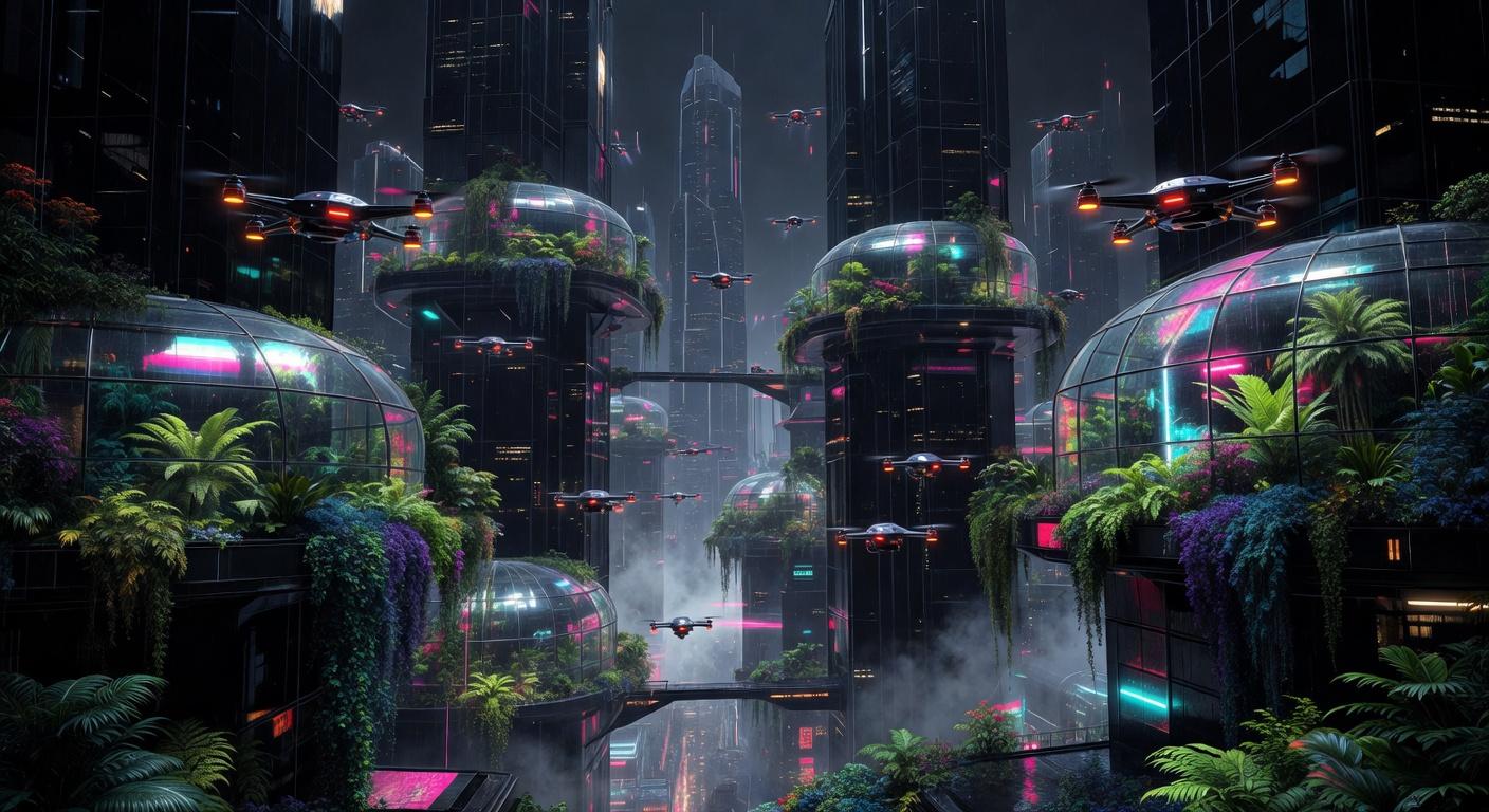 A wide-angle digital image of a futuristic night cityscape, generated by Grok Imagine at 1408x768 resolution. Tall obsidian towers are adorned with spherical glass greenhouses filled with vibrant green and purple tropical foliage. Multiple quadcopter drones with glowing red lights fly through the hazy, atmospheric air between the structures.