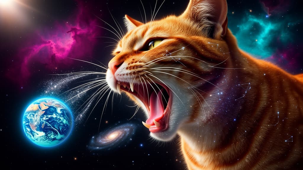 A high-resolution 1024x576 text-to-image generation using the Flux.2 [flex] model. A colossal orange tabby cat with its mouth wide open floats in deep space next to a small, glowing planet Earth. The background features colorful pink and teal nebulas and a distant spiral galaxy.