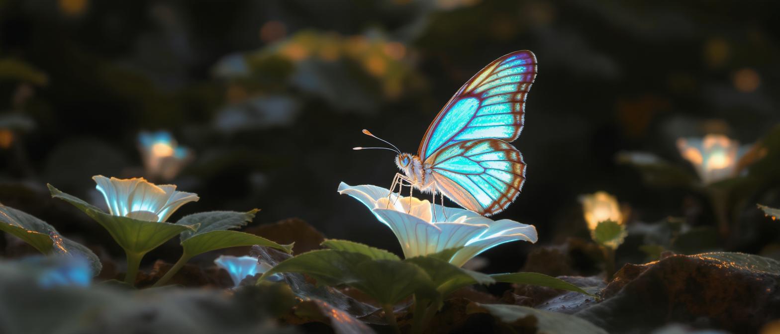 A medium close-up shot of an iridescent turquoise butterfly with orange-trimmed wings perched on a glowing white bioluminescent flower. Several other small glowing flowers dot the dark, soft-focus forest floor background. This text-to-image asset was generated by Flux Kontext Max at a resolution of 1568x672.