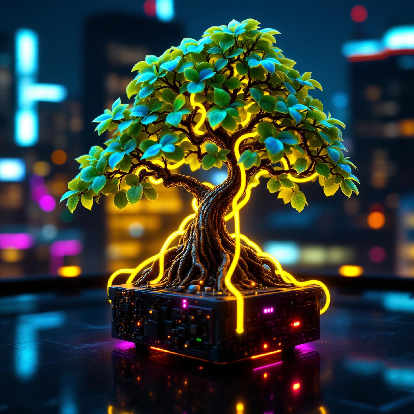 A digital close-up of a glowing green bonsai tree planted on a dark, illuminated circuit board. Yellow neon-like wires wrap around the trunk and roots. The background features an out-of-focus cyberpunk city skyline at night with blue and purple lights. Generated by Flux 1.1 Pro at 1440x1440 resolution.