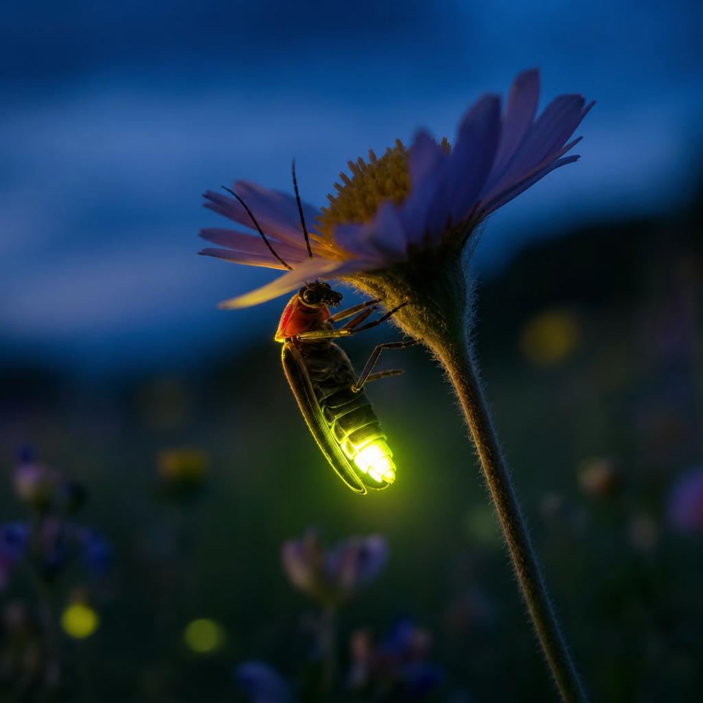 A close-up square image of a glowing firefly clinging to the underside of a purple wildflower at dusk. The firefly's abdomen shines with a bright yellow-green light, casting a warm glow on the flower stem. This text-to-image generation has a 1024x1024 resolution, created with GPT Image 2 Medium.