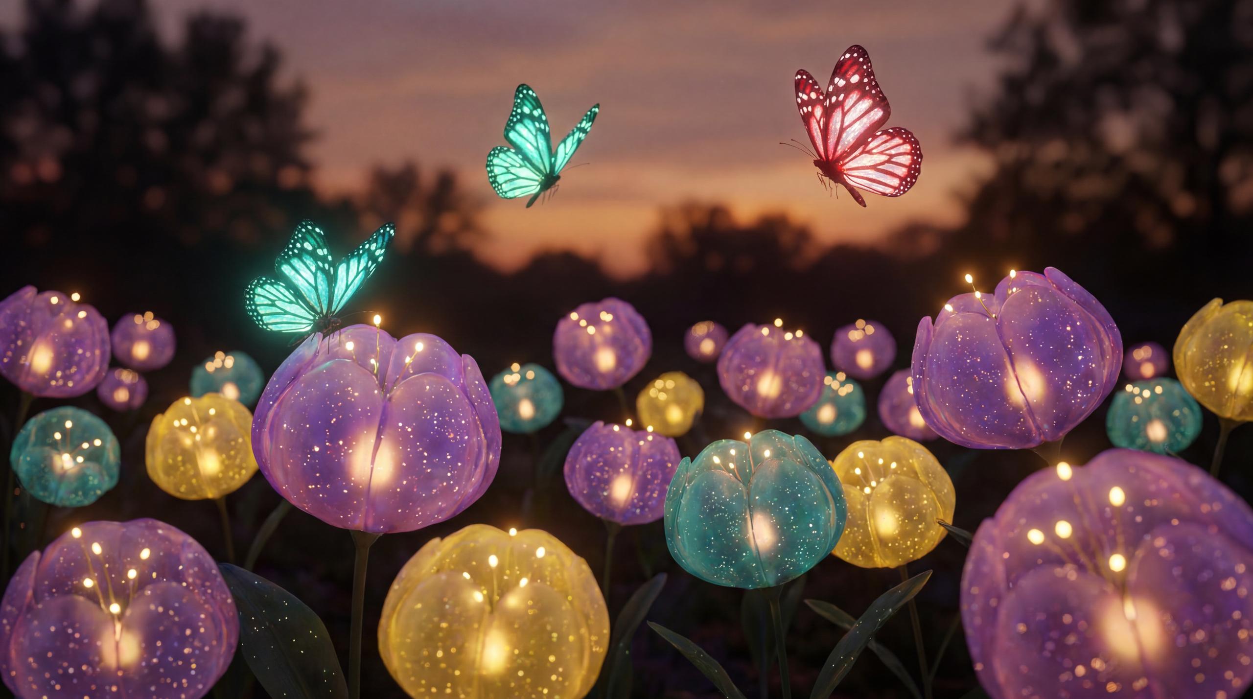 An ultra-high-resolution 5504x3072 image generated by Nano Banana Pro, showing a field of glowing, translucent tulip-like flowers in purple, yellow, and teal. Tiny lights sparkle inside each bloom under a dusk sky. Three luminous butterflies, two teal and one pinkish-red, flutter above the field.