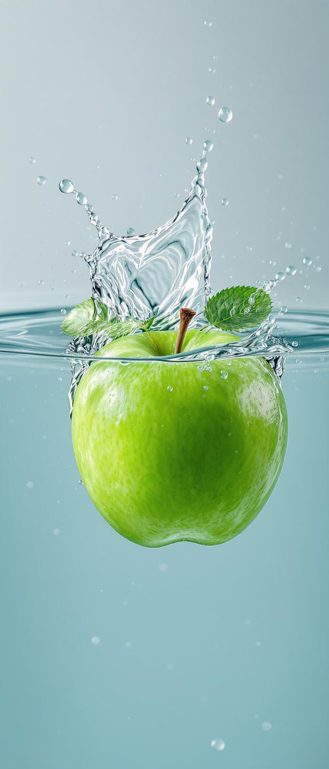 A vertical high-speed photograph of a bright green apple splashing into clear water, creating a dynamic splash with droplets and ripples. Two small green leaves float near the stem. The image, generated using Flux Kontext Pro at 672x1568 resolution, features a clean, soft blue background.