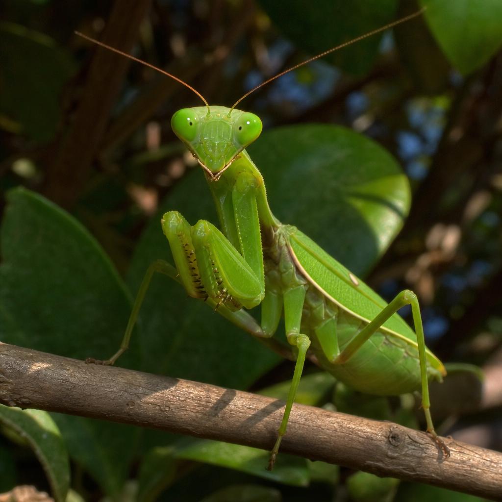 A close-up photograph of a vibrant green praying mantis perched on a thin wooden branch, facing forward with folded legs. The background is filled with soft-focus green leaves in dappled sunlight. Generated using GPT Image 2 Medium at 1024x1024 resolution.