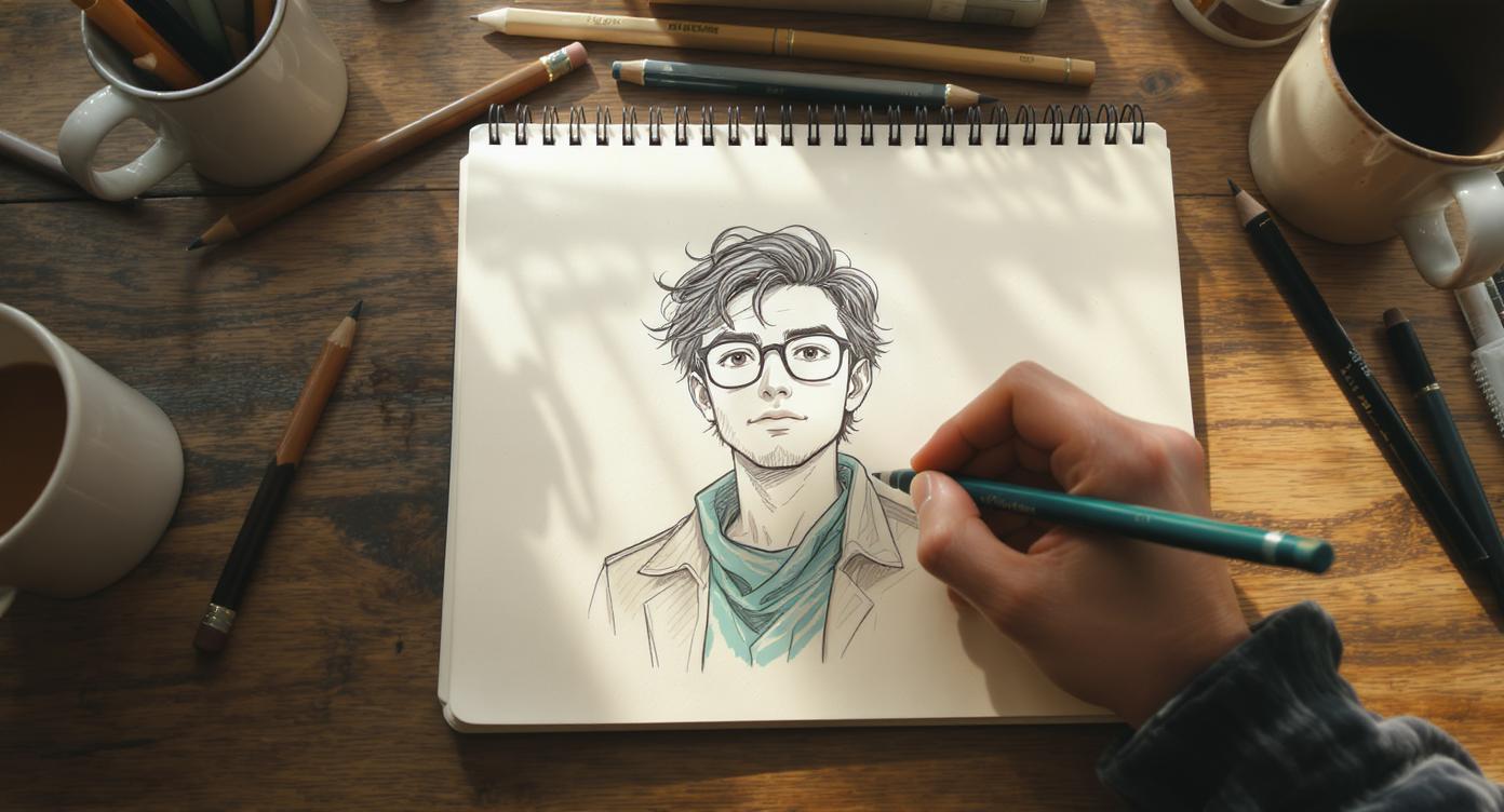 An overhead shot of a wooden desk where a hand uses a pencil to draw a stylized portrait of a young man with glasses in a spiral sketchbook. The scene is illuminated by soft morning light, with pencils and coffee mugs scattered around. Generated using Flux Kontext Max at 1392x752 resolution.