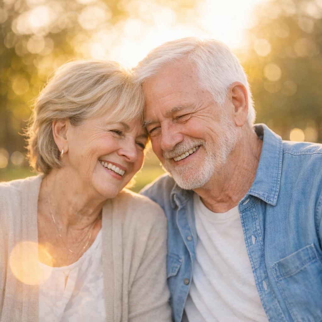 A close-up shot of a smiling senior couple leaning their heads together in warm, golden hour sunlight. Generated using GPT Image 1.5 at 1024x1024 resolution, the image depicts a blonde woman in a beige cardigan and a man with white hair and beard in a blue denim shirt.