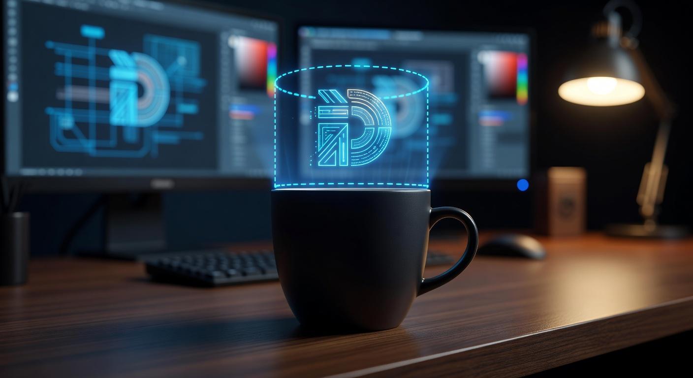 A matte black coffee mug sits on a wooden desk, featuring a glowing blue holographic logo of the letter D hovering above its rim. The background shows blurred dual computer monitors with design software, a keyboard, and a warm desk lamp. This text-to-image generation was created with Grok Imagine at 1408x768 resolution.