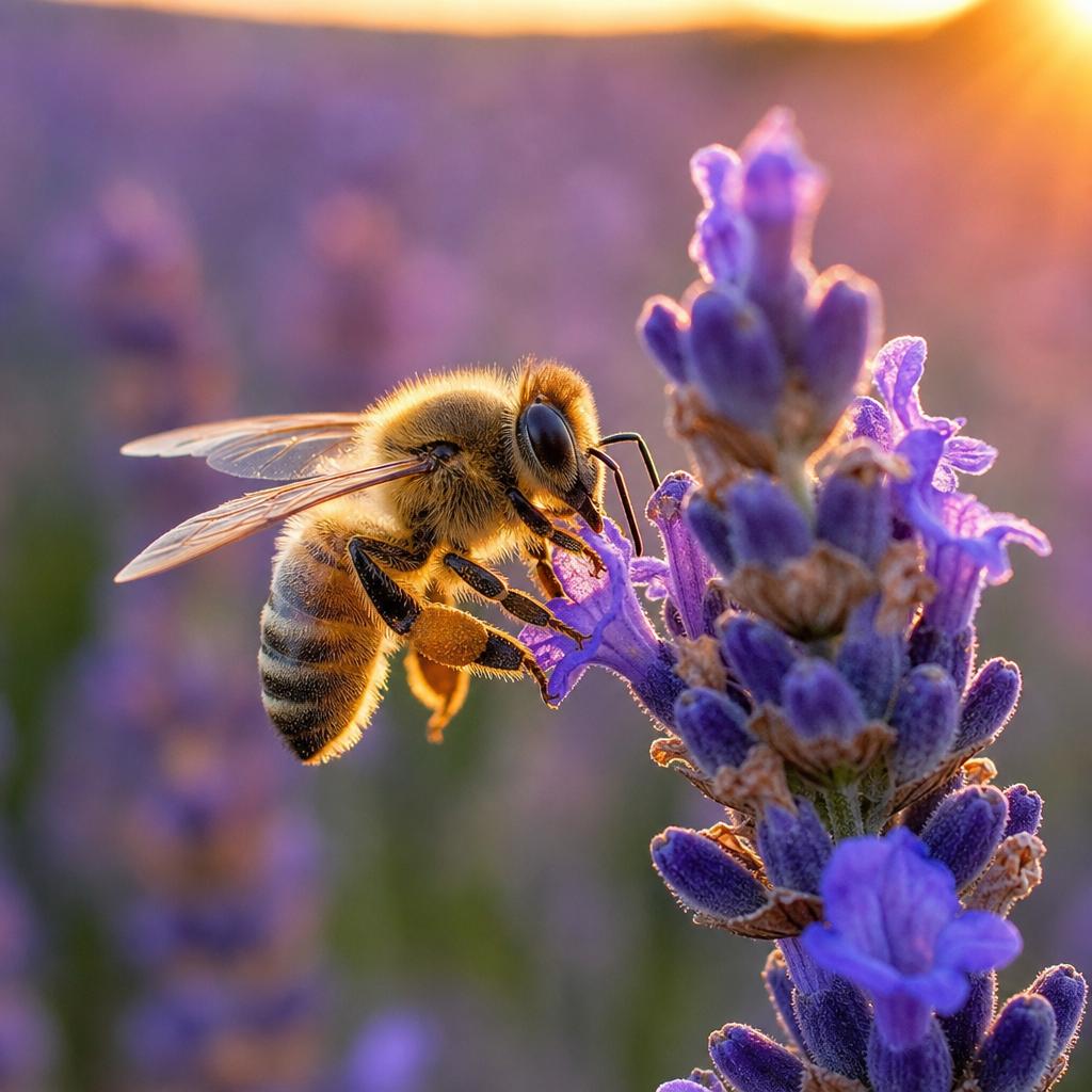 A close-up, 1024x1024 resolution macro image generated with GPT Image 2 Medium. It depicts a fuzzy honeybee with pollen-dusted legs clinging to a bright purple lavender stem. The background consists of a beautifully blurred field of lavender bathed in warm, golden sunset light.