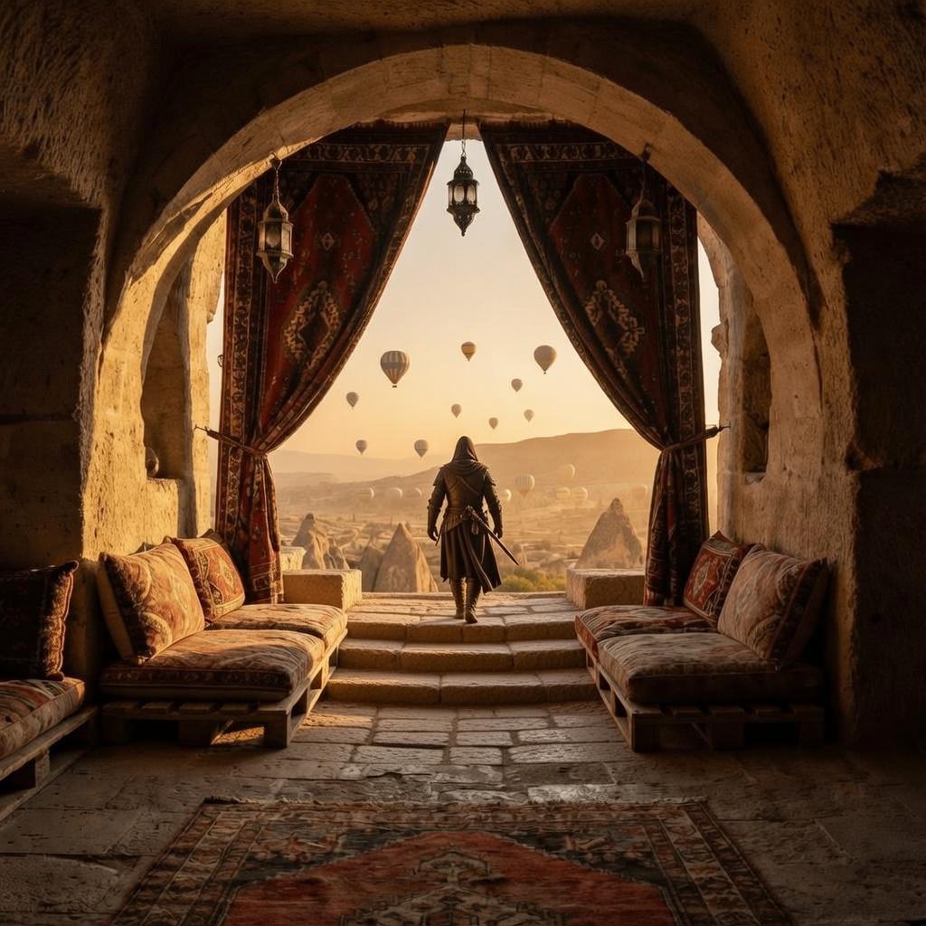 A hooded warrior in dark leather armor walks down stone steps, viewed from inside a stone archway with hanging lanterns and drapes. In the distance, hot air balloons float over a desert valley with rock formations. Generated with Grok Imagine at 1024x1024 resolution using image-to-image.