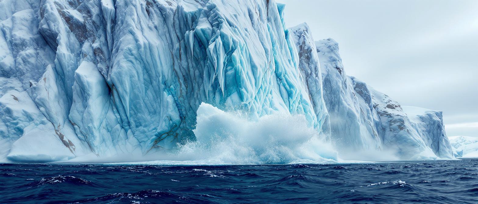 A wide-angle, 21:9 aspect ratio image showing a massive, blue-tinted iceberg calving into a dark ocean. A huge splash of white water and ice rises at the base of the towering glacial wall. This text-to-image generation was created at 1568x672 resolution using the Flux Kontext Pro model.
