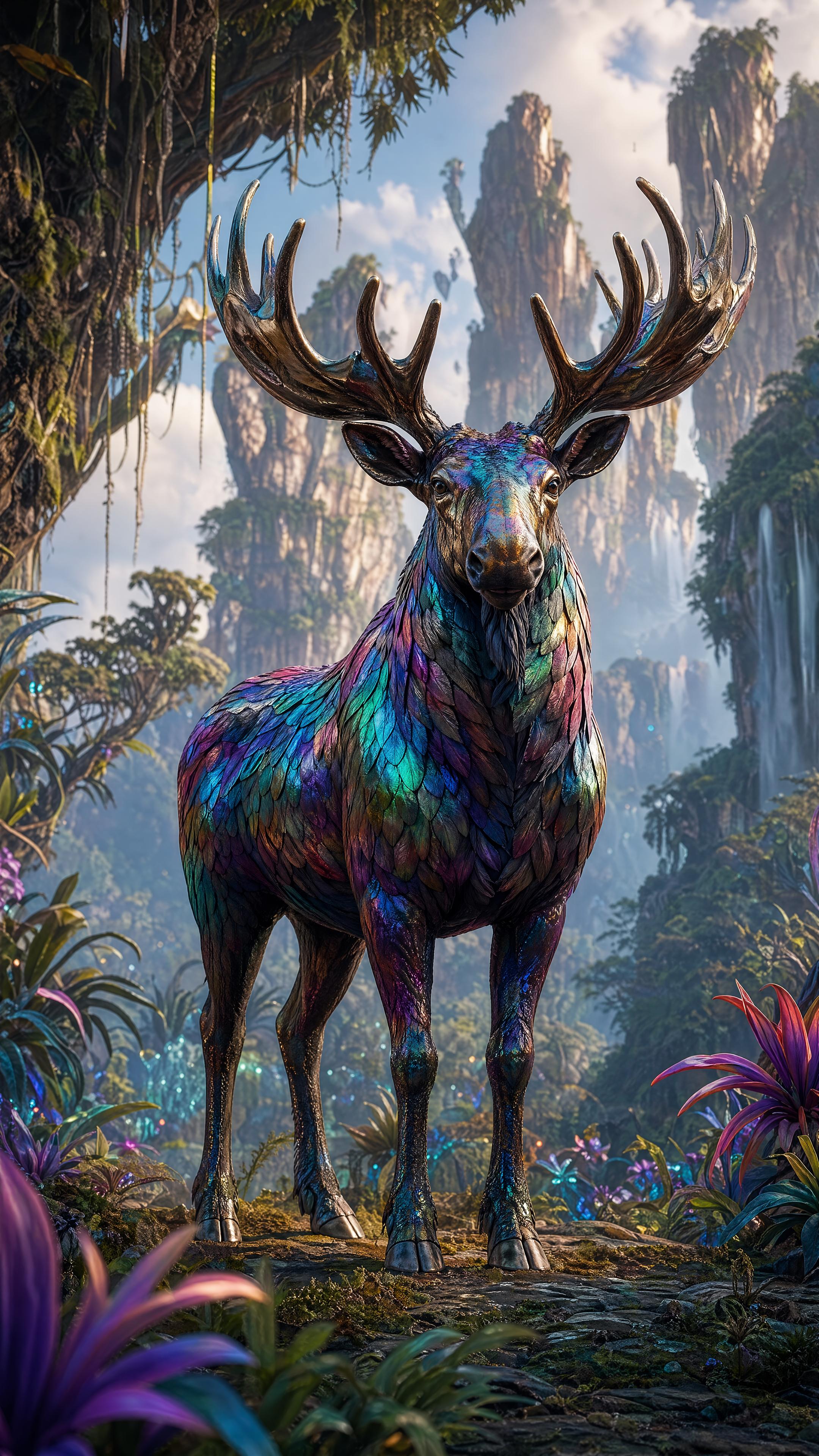 A full-body vertical image of a majestic moose with a body covered in iridescent, rainbow-colored metallic scales instead of fur. It stands in a lush fantasy forest with exotic plants and towering rock spires in the background. Generated using GPT Image 2 High in 2160x3840 resolution.